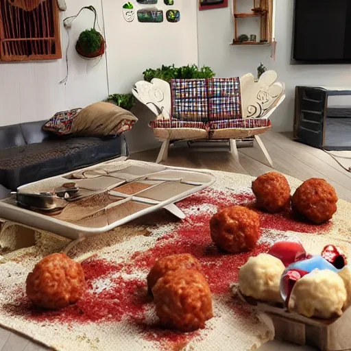 Image similar to spaghetti and meatballs shaped into a living room set