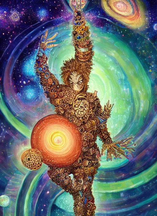 Image similar to high intricate painting of the fractal sandman holding a glimmering galaxy, full shot, neil gaiman, maria panfilova, andrea savchenko, mike kime, ludovic plouffe, qi sheng luo, oliver cook, julian calle, eddie mendoza, trending on artstation