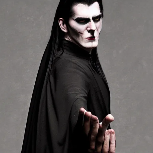 Image similar to a vampire, male, late - 4 0 s aged, long, slicked black hair, clean shaven, wearing a cape, regal, royal, grim facial expression, high fantasy, full color digital art, cinematic shot, full body shot.