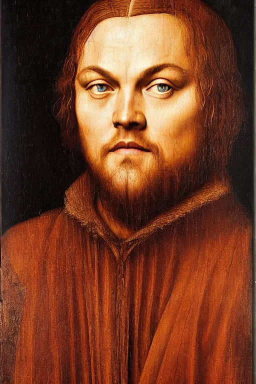 Image similar to 1 4 0 0 s renaissance portrait of leonardo dicaprio oil painting by jan van eyck, northern renaissance art, oil on canvas, wet - on - wet technique, realistic, expressive emotions, intricate textures, illusionistic detail