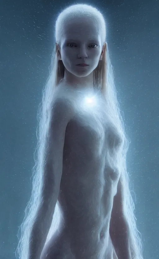 Image similar to extremely detailed cinematic movie still 3 0 7 7 portrait shot of a shining white goddess dancing at the cloud hyperreal skin face by denis villeneuve, wayne barlowe, simon birch, marc simonetti, philippe druillet, beeple, bright volumetric sunlight from above, rich moody colors, closeup, bokeh