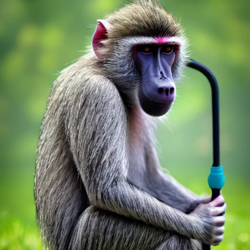 Image similar to baboon facing away from camera holding an umbrella, detailed, clean, realistic