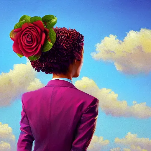 Image similar to closeup, huge rose flower head, frontal, girl in a suit, surreal photography, sunrise, blue sky, dramatic light, impressionist painting, digital painting, artstation, simon stalenhag