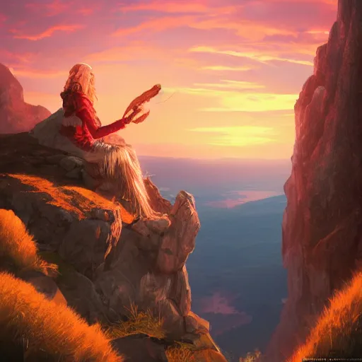 Prompt: A wizard overlooking the scenery from a cliff, sunset, red sky, beautiful mountains, sea, digital art, WLOP, CGSociety, fantasy art, Mandy Jurgens