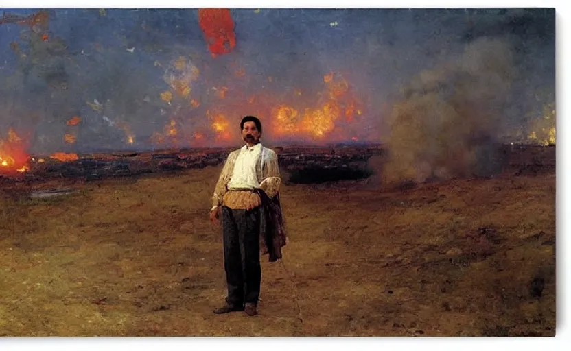 Prompt: high quality high detail painting by ilya repin man standing in front of huge explosion hd