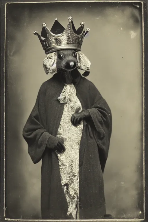 Image similar to a wet plate photo of an anthropomorphic ferret king, wearing a crown, wearing a robe