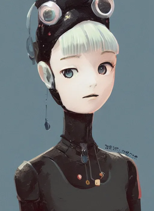 Prompt: a gouache painting in the style of nier automata, by hikari shimoda, ilya kuvshinov, yoshitaka amano, by shaun tan, by good smile company, a detailed 3 d render of audrey hepburn as an android, portrait, cgsociety, artstation, a modular costume and headpiece, action adventure scene