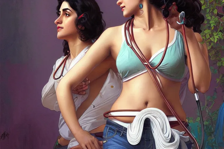 Image similar to sensual pale beautiful indian doctor in jeans with stethoscope, art deco portrait, elegant, intricate, digital painting, artstation, concept art, smooth, sharp focus, illustration, art by artgerm and greg rutkowski and alphonse mucha