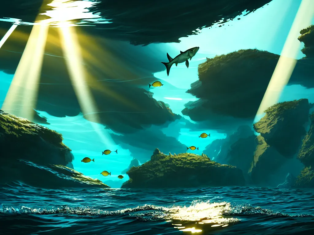 Prompt: god rays reflecting in the sea fish swimming around, dramatic lighting, cinematic, establishing shot, high detail, cinematic lighting, post processed, 8k, concept art, artstation, matte painting, in the style of eddie mendoza, raphael lacoste, alex ross