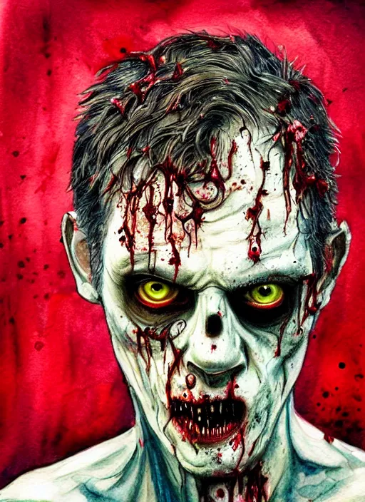 Image similar to zombie hollywood professional acting headshot, david dennis, intricate detailed, studio lighting, charming expression gesicht, hauntingly beautiful zombie, watercolor art, drawn and painted, colored layers, dulled contrast, exquisite fine art, splatterpaint