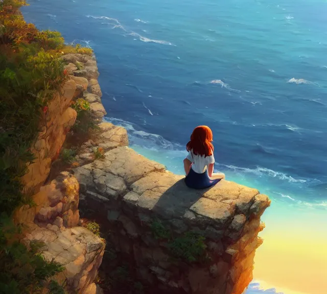 Image similar to a auburn-colored sitting on a cliff overlooking the sea. Atmospheric lighting, sunset, blue sea. By Makoto Shinkai, Stanley Artgerm Lau, WLOP, Rossdraws, James Jean, Andrei Riabovitchev, Marc Simonetti, krenz cushart, Sakimichan, trending on ArtStation, digital art.