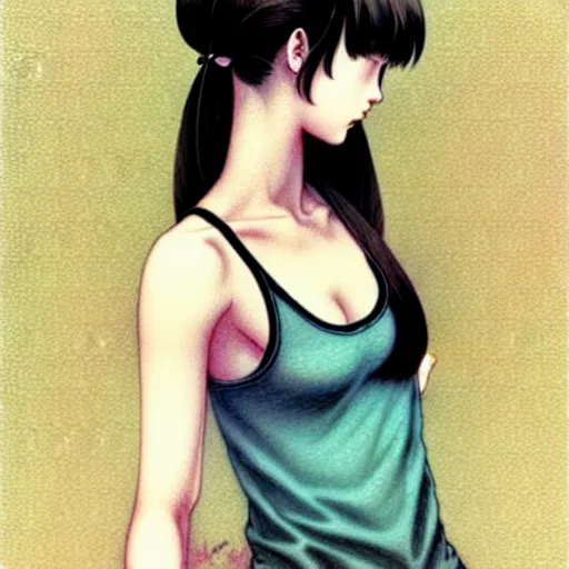 Image similar to richly detailed color  illustration of a dainty pretty young woman wearing a tank top, 'Southern Death Cult' is the theme, very soft shadowing, smooth textures, large scale image. art by Range Murata.