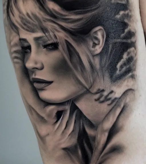 Image similar to a beautiful girl portrait, faded mountain background, realism tattoo, in the style of den yakovlev, black and white, hyper realistic, highly detailed