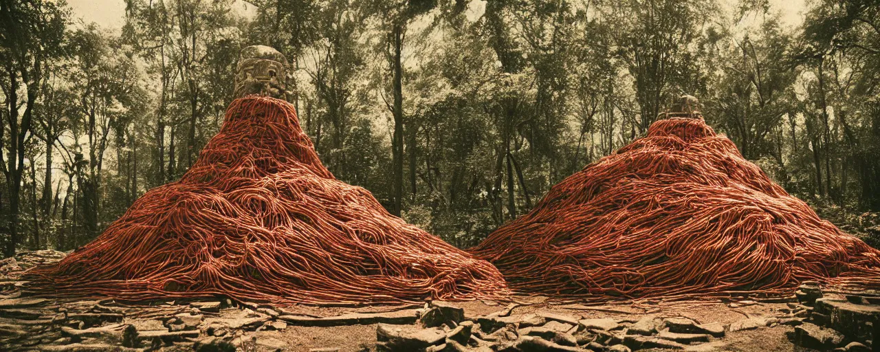 Image similar to an ancient aztec temple in the middle of the forest covered in spaghetti and meatballs, with parmesan cheese, canon 5 0 mm, cinematic lighting, photography, retro, film, kodachrome