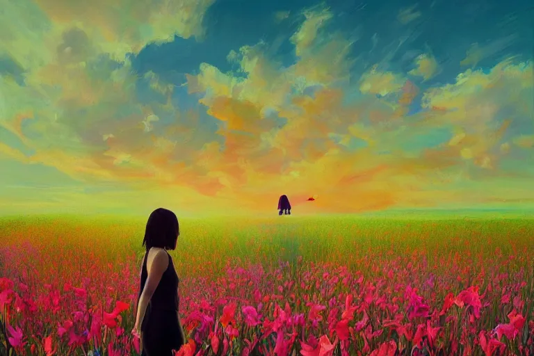 Image similar to closeup, giant gladiola flower head, girl in suit walking in field of flowers, surreal photography, sunrise, blue sky, dramatic light, impressionist painting, digital painting, artstation, simon stalenhag