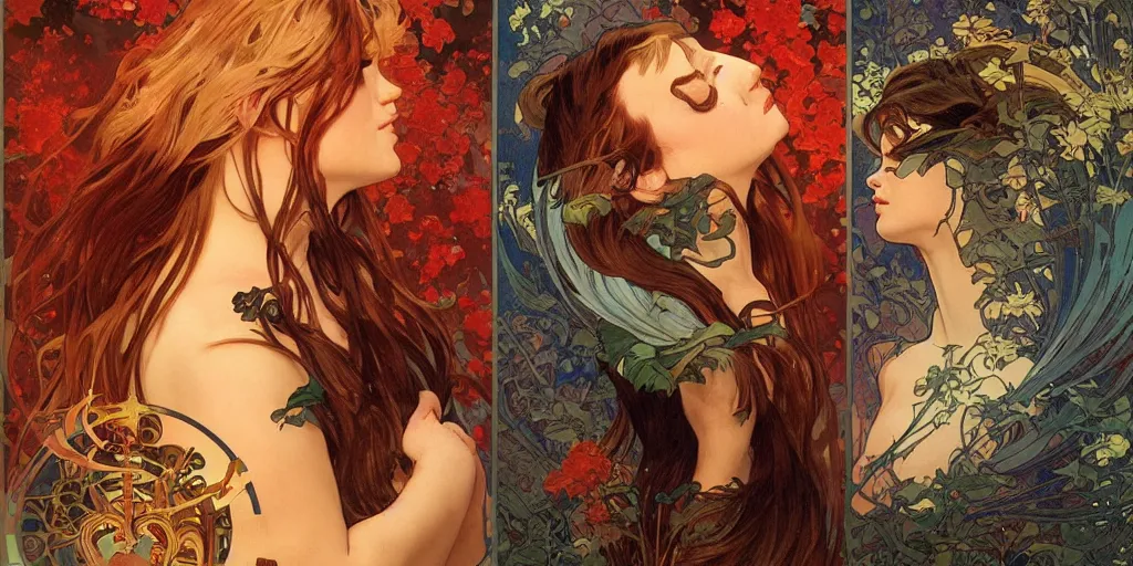 Image similar to Dreamt in 9.15s for @matthew_h_k's !dream arcs of flame, water splashes, shards of mercury, dramatic lighting, secret cypher, red flowers, solar flares, intricate art by artgerm and alphonse mucha and greg rutkowski