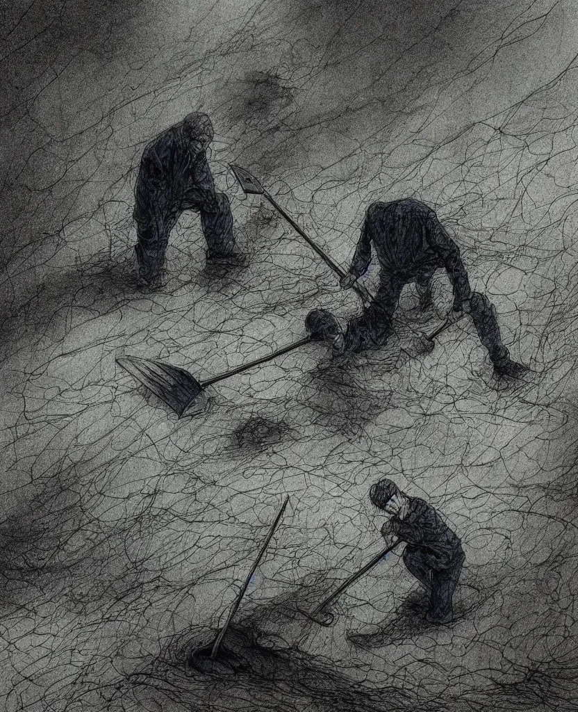 Image similar to a mournful man with a shovel standing digging up a dead body in it, subtle blue, orange, and dark green tones, high quality, high detail, dark colors, sinister atmosphere, dramatic lighting, cinematic, establishing shot, extremely high detail, photo realistic, cinematic lighting, pen and ink, intricate line drawings, by Yoshitaka Amano, Ruan Jia, Kentaro Miura, Artgerm, post processed, concept art, artstation, matte painting, style by eddie mendoza, raphael lacoste, alex ross