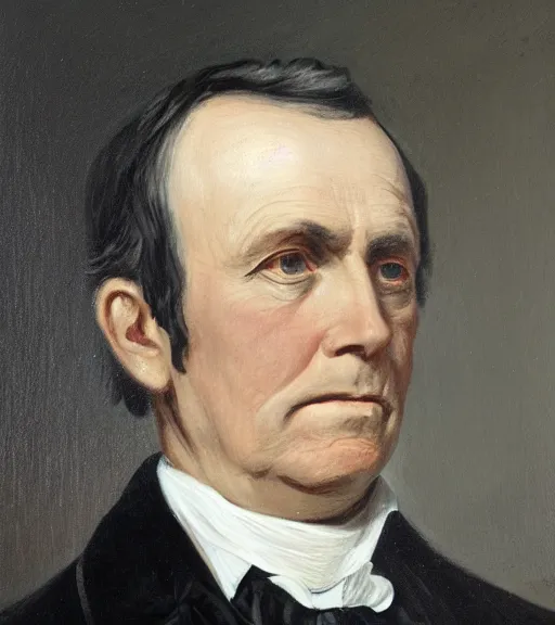 Prompt: official side portrait of united states president, a kentuckian plantation owner, in a black suit, 1 8 6 8, a character portrait by cassius marcellus coolidge, reddit contest winner, american romanticism, oil on canvas, detailed painting, creative commons attribution