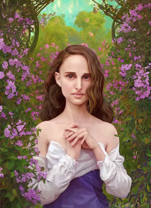 Image similar to well - lit art nouveau face portrait of a 1 3 - year old natalie portman playing in the garden, natural lighting, path traced, highly detailed, high quality, cartoon, digital painting, by don bluth and ross tran and studio ghibli