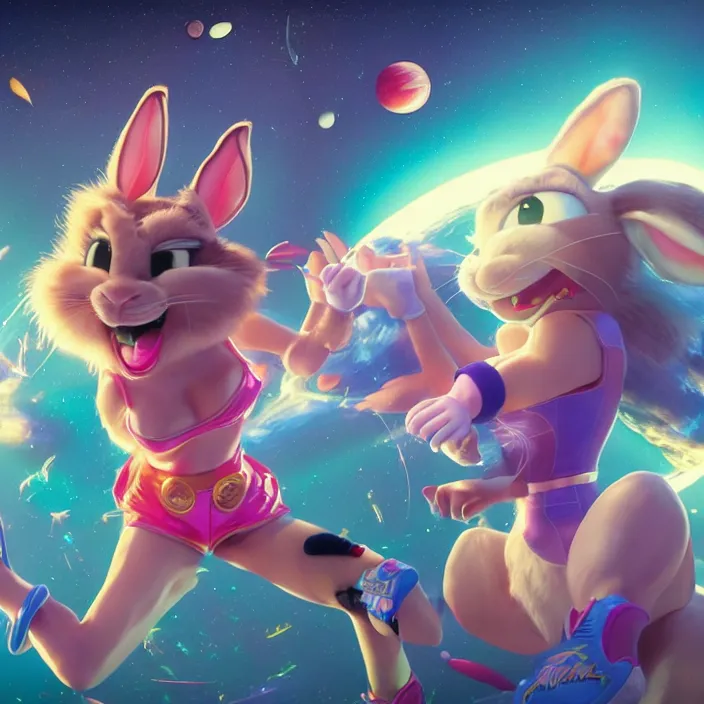 Image similar to portrait of Taylor Swift as LOLA BUNNY in SPACE JAM. HD, 4K. intricate abstract. intricate artwork. by Tooth Wu, wlop, beeple, dan mumford. octane render, trending on artstation, greg rutkowski very coherent symmetrical artwork. cinematic, hyper realism, high detail, octane render, 8k, iridescent accents, bunny ears