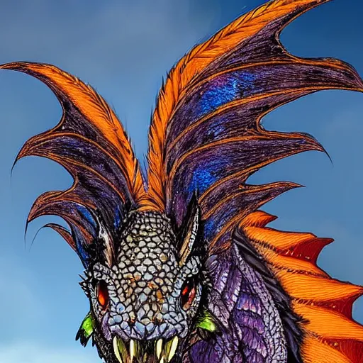 Prompt: a very large fierce but beautiful dragon, with feather - like dark blue mixed with violet scales, some orange iridescent scales at the back of his head, long nose, classic style, in the style of weta, cinematic