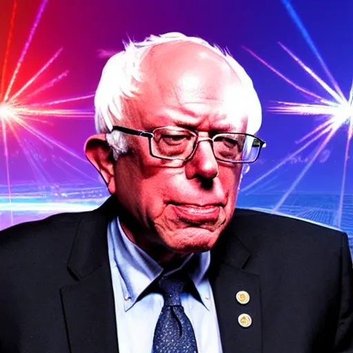 Image similar to bernie sanders with laser beams coming out of his eyes, synthwave