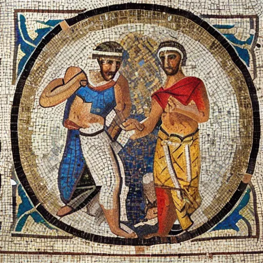 Prompt: an ancient roman mosaic of two teams playing ultimate frisbee
