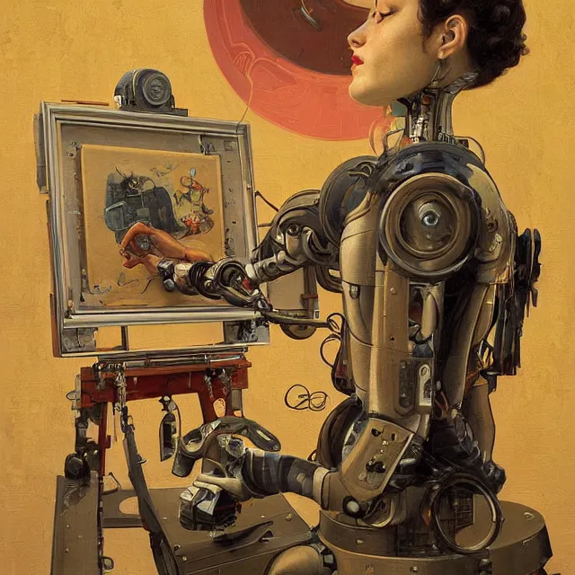 Image similar to robot artist painting a self - portrait on a canvas. intricate, highly detailed, digital matte painting, in the style of alexandros pyromallis, and in the style of sachin teng, and in the style of hans thoma, and in the style of gil elvgren. irony, recursion, inspiration, art nouveau.