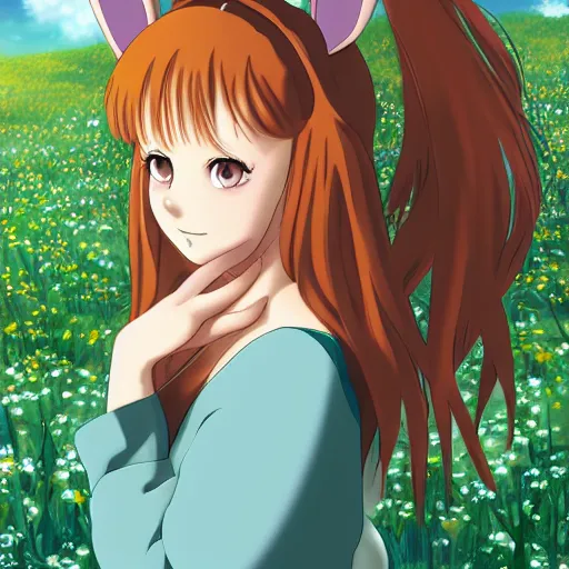 Image similar to anime girl with bunny ears and shoulder length auburn hair, secret of arietty, studio ghibli, beautiful, 4 k illustration, deviantart