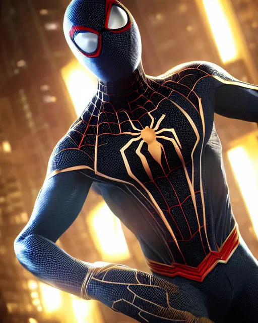 Image similar to photorealistic, hyperdetailed photograph of black spider - man suit with gold webbing by insomniac games