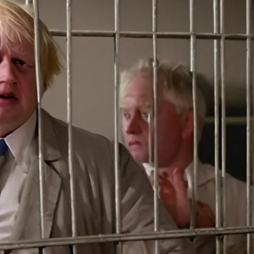 Prompt: scene from shawshank redemption of boris johnson behind bars, photorealistic, highly detailed 8 k