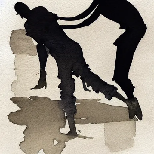 Image similar to a man dragging a dark silhouette by the ankle, detailed watercolor pen ink illustraion by Hugo Prades