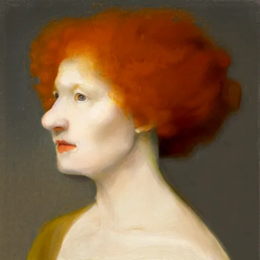 Prompt: rembrandt - inspired portrait of a redhead set against a precisionist background. the woman's face is illuminated by a warm, golden light, and her gaze is directed upward, as if she is lost in thought. the background is composed of geometric shapes and clean lines, creating a contrast with the woman's more organic features