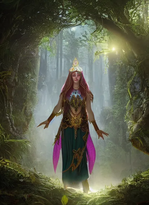 Image similar to Beautiful art portrait of a female fantasy priestess in a bright temple surrounded by lush forest, atmospheric lighting, intricate detail, cgsociety, hyperrealistic, octane render, RPG portrait, ambient light, dynamic lighting