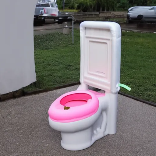 Prompt: inflatable flamingo toilet, a toilet shaped like an inflatable flamingo