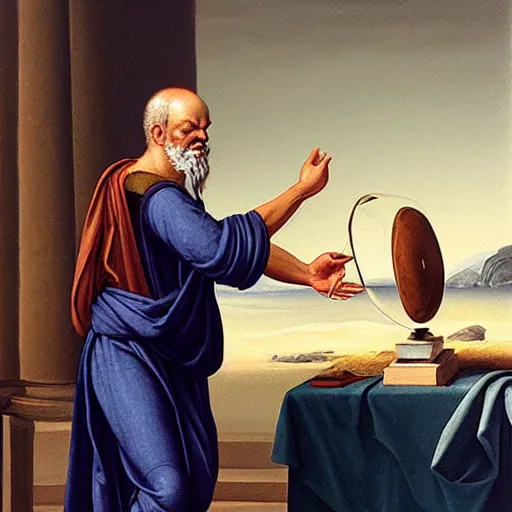 Prompt: socrates wearing a virtual reality headset, oil painting