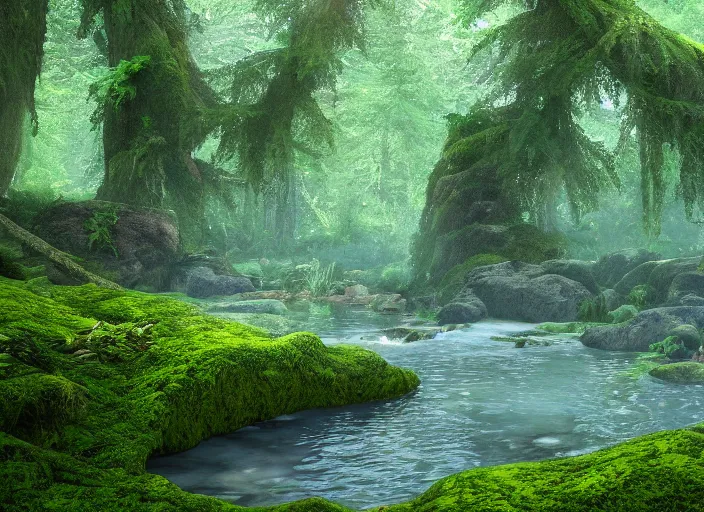 Image similar to A natural pool in a forest with tall trees, overgrown with moss, surrounded by lush plants, vines hanging from the tall trees, pine trees, detailed, digital art, trending on Artstation, atmospheric, volumetric lighting, hyper-realistic, Unreal Engine, sharp