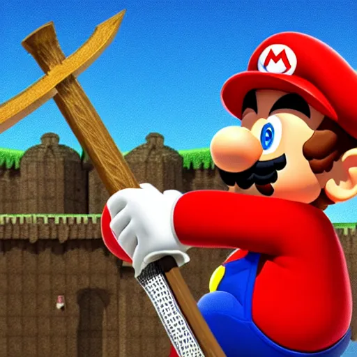 Prompt: medieval mario holding an axe, godfalls background