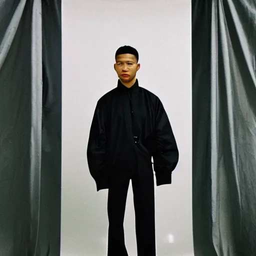 Prompt: realistic! photoshoot for a new balenciaga lookbook, color film photography, portrait of a beautiful asian person, photo in style of tyler mitchell, 35mm