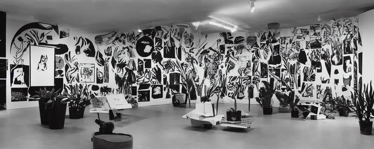 Image similar to A black and white photography in sérigraphie of an exhibition space with works of Sun Ra, Marcel Duchamp and tropical plants