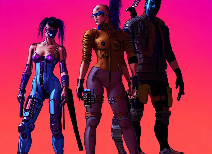 Image similar to cyberpunk samurai team. portrait by stonehouse and mœbius and will eisner and gil elvgren and pixar. character design. realistic proportions. cyberpunk 2 0 7 7 character art, blade runner 2 0 4 9 concept art. cel shading. attractive face. thick lines. the team. diverse characters. artstationhq.