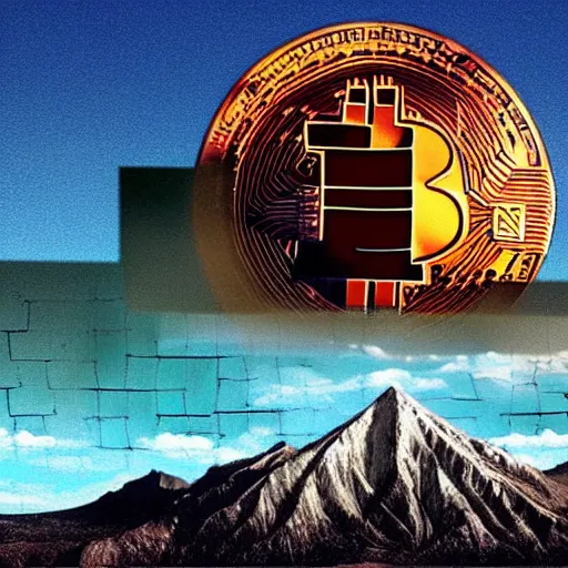 Image similar to a mountain made out of computer screens that display bitcoin logos, cinematic, post - apocalyptic landscape, harsh contrast lighting, in the style of surrealism, made by salvador dali