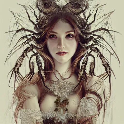 Image similar to a photograpic portrait of a anthropomorphic spider wearing white clothes, fantasy, intricate, elegant, highly detailed, digital painting, artstation, concept art, smooth, sharp focus, illustration, art by artgerm and H R Giger and alphonse mucha