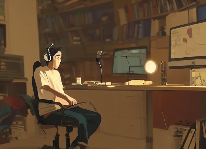 Image similar to man with headphones at his home studio producing music late at night, very detailed, 4 k, cory loftis, james gilleard, atey ghailan, makoto shinkai, goro fujita, studio ghibli, rim light, exquisite lighting, clear focus, very coherent, masterpiece