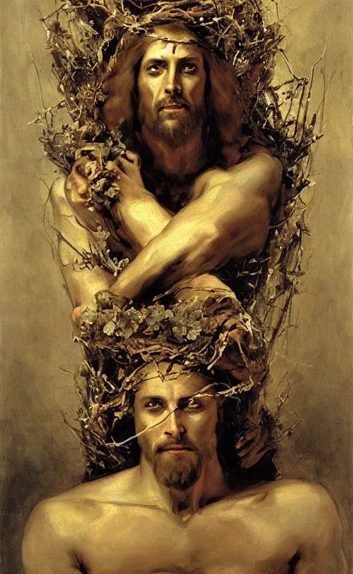 Image similar to jesus christ wearing blindfold!!!!! holding cornucopia!!!!!!! sitting on a huge!!!! throne of entwined bodies, elegant, ominous, highly detailed painting by goya!!! phil hale!! gaston bussiere, craig mullins, j. c. leyendecker, 8 k, mid shot