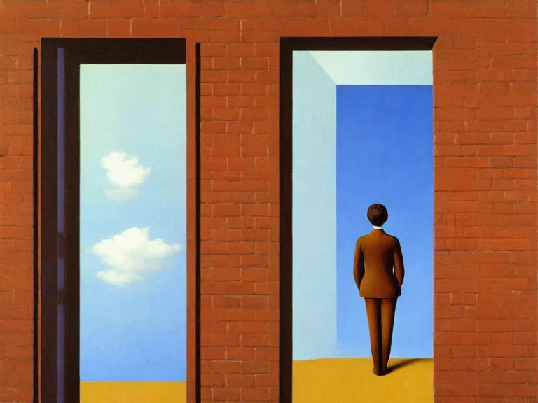 Image similar to an open door to infinity in brick wall with endless hallway inside the door, painting by rene magritte, centered, high detail!!!, high resolution!!!