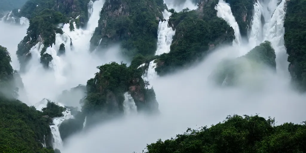 Prompt: Cloudy peaks in southern China with waterfalls, the style of National Geographic magazine