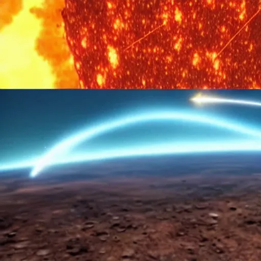 Image similar to Meteor collides with earth, total destruction, cinematic, dramatic, fire, lava, explosions, epic, crazy