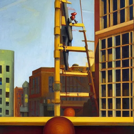 Prompt: giant robot in a scaffold, scientists climbing up, grant wood, pj crook, edward hopper, oil on canvas