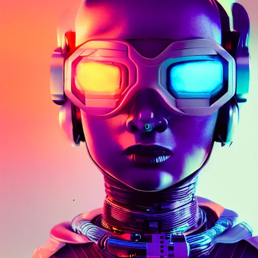 Image similar to cyberpunk concept cool girl cyborg bot, cinema 4 d, galaxy, ufo, space sci - fi, wearing vr goggles, illustration, portrait, pastel neon textured background night, trending on artstation, greg rutkowski, octane rendered, 1 2 k, detailed,